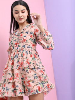 TOKYO TALKIES FLORAL PRINTED TIE-UP NECK LAYERED DRESS