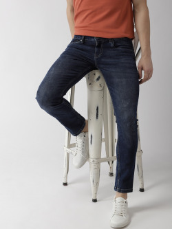 Mast & Harbour Men Navy Blue Slim Tapered Fit Mid-Rise Clean Look Stre