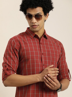 Moda Rapido Men Rust Red & Blue Slim Fit Opaque Checked Casual Shirt