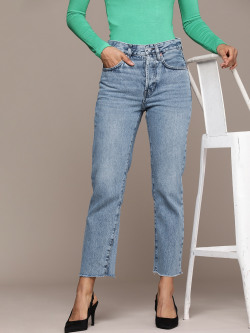 MANGO WOMEN HIGH-RISE HEAVY FADE PURE COTTON STRETCHABLE CROPPED JEANS
