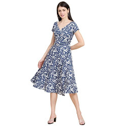 KERI PERRY Women's Blue & White Polyester Botanical Print Fit & Flared