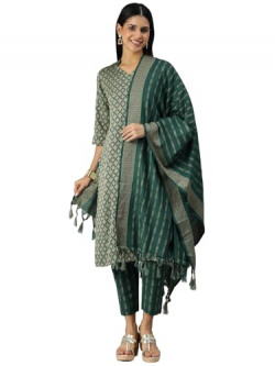 Hritika Dark Green Cotton Blend Straight Pattern Kurtaset (HRKBD052DGR