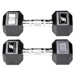 AMAZON BRAND - SYMACTIVE RUBBER COATED HEX DUMBBELLS, SET OF 2, 5 KG,