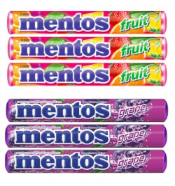 MENTOS CHEWY MINT CANDY ROLL, FRUITS AND GRAPE FLAVOUR PACK OF 6, (6X2