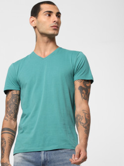 Jack Jones Core Men Turquoise Blue Solid Slim Fit V-Neck Pure Cotton