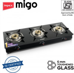 IMPEX 3 Burner Glasstop Gas Stove LINEA 3B , Toughened Glass top Glass