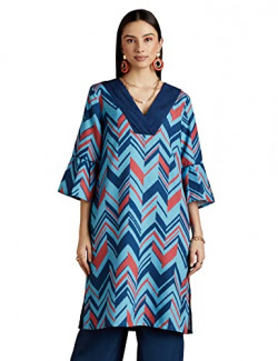 RIVER WOMEN'S RAYON GEOMETRIC REGULAR KURTA (RV-AW22-KR-1028/1_BLUE_XS