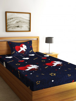 Fashion String Blue & Red Printed 144 TC Single Bedsheet with 1 Pillow