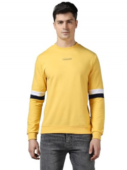 URBANO FASHION MEN'S YELLOW COTTON COLOR BLOCK ROUND NECK SWEATSHIRT (