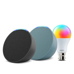 Amazon Echo Pop (Black, Green) gift twin pack with Wipro 9W LED Smart