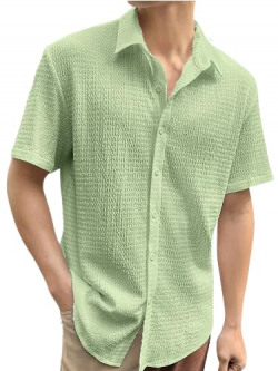 Pinkmint Popcorn Shirt for Men Soild Slim Fit Sleeve Spread Collar Tre