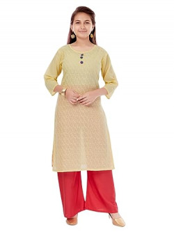 Aarika Girls Lemon Colour Cotton Embroidery Kurti (KURTI-K-181-LEMON-3