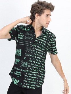 HIGHLANDER Men Black & Green Printed Cotton Slim Fit Casual Shirt