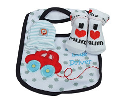 Babies Bloom Red Bus Design Baby Bib with Anti Scratch Mittens and Soc