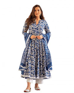 MEERA FAB Women's Cotton Printed Anarkali Kurta with Palazzo & Dupatta