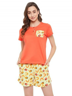 Clovia Women's Cotton Chic Basic Top in Orange & Bee Print Shorts In O