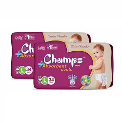 Champs Cotton Elastic Baby Diaper - Large Size(Pack of 2), 68 Pcs | 9-