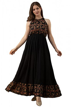 Daevish Viscose Rayon Floral Printed Maxi Dress for Women, Long Sleeve