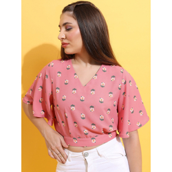 VISHUDH PINK FLORAL PRINTED FLARED V-NECK SLEEVE BLOUSON CROP TOP