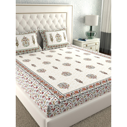 LA VERNE Off White & Beige Floral 140 TC Cotton King Bedsheet with 2 P