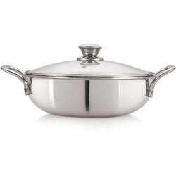 NIRLON TRIPLY DEEP WITH GLASS LID|SILVER (INDUCTION) KADHAI 22 CM DIAM