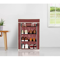 Amazon Brand - Solimo Foldable Shoe Rack, 4 Layer, Brown, Premium, All
