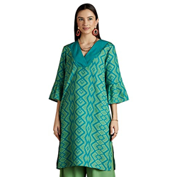 RIVER WOMEN'S RAYON GEOMETRIC REGULAR KURTA (RV-AW22-KR-1028/2_GREEN_S