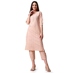 EthnicJunction Women's Cotton Blend Woven Striped Work Straight Kurta-