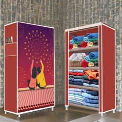 Opal 4 Shelf Couple Maroon Printed PP Collapsible Wardrobe(Finish Colo