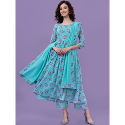 ASPORA WOMEN BLUE FLORAL PRINTED KURTA WITH PALAZZOS & WITH DUPATTA