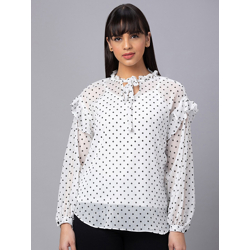 Globus Polka Dot Print Tie-Up Neck Puff Sleeve Ruffles Top