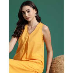 Sangria Pure Cotton V-Neck Pleated Detail A-Line Kurta