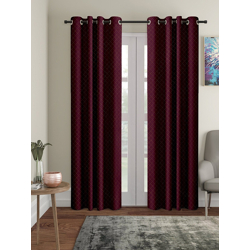 Cortina Burgundy & Gold-Toned Set of 2 Geometric Long Door Curtains