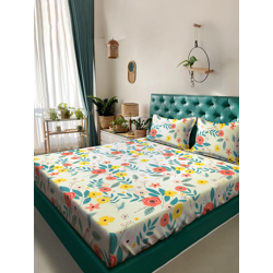 KLOTTHE White & Grey Floral Print 300 TC Fitted Double King Bedsheet W