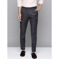 DENNISON Men Navy Blue Checked Smart Tapered Fit Trousers