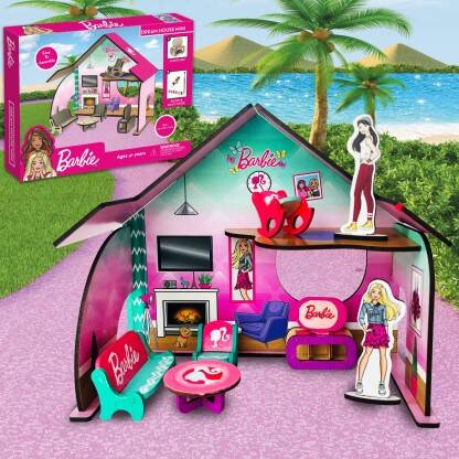 BARBIE MINI DOLL HOUSE FOR GIRLS AND BOYS DIY PAINT WOODEN DOLLHOUSE T