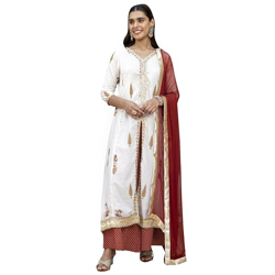 Janasya Women's White Cotton Embellished Floral Printed Kurta with Fla