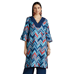 RIVER WOMEN'S RAYON GEOMETRIC REGULAR KURTA (RV-AW22-KR-1028/1_BLUE_M)