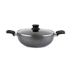 CELLO NON STICK HAMMERED TONE KADHAI WITH GLASS LID 2.5 LTR, BLACK & G