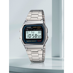 CASIO VINTAGE A158WA-1DF BLACK DIGITAL DIAL SILVER STAINLESS STEEL BAN