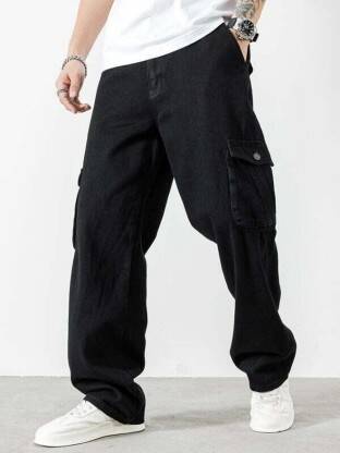 MENS RELAXED FIT COTTON BLACK CARGO JEANS MEN CARGOS
