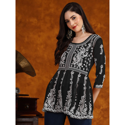 HERE&NOW Black Ethnic Motif Chikankari Embroidered Bell Sleeves A-Line