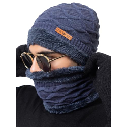 AMOLDO Winter Woolen Unisex Knit Beanie Cap And Neck Warmer Set With F