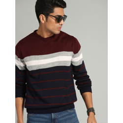 The Roadster Lifestyle Co Men Maroon & Navy Blue Striped Sweater