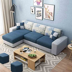 FURNY Rolando 4 Seater Fabric LHS L Shape Sofa Set with 2 Puffy (Blue-