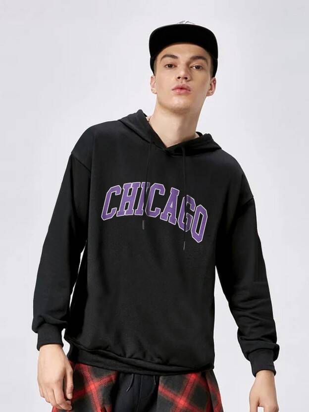 Men Printed Hooded Neck Cotton Blend Black, Purple T-Shirt
