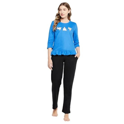 CLOVIA WOMEN'S COTTON PRINTED TOP & BASIC PYJAMA SET (LS0548P08_BLUE_S