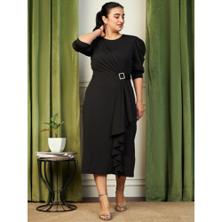 CURVE BY KASSUALLY Black Ruched Sleeves Ruffled Sheath Midi Dress