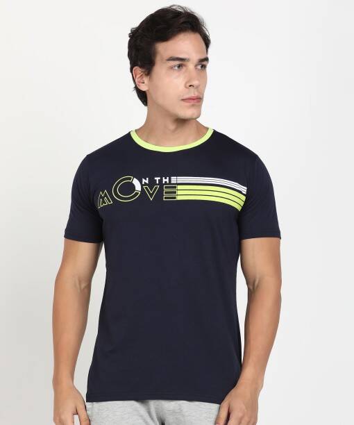 Men Printed Round Neck Cotton Blend Dark Blue T-Shirt