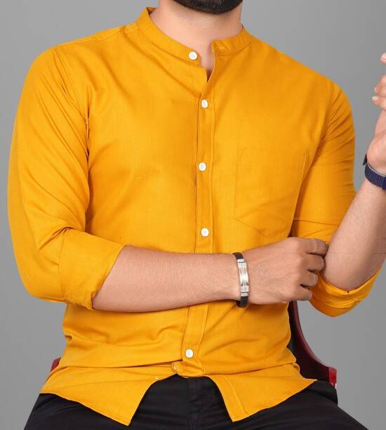Men Regular Fit Solid Mandarin Collar Casual Shirt